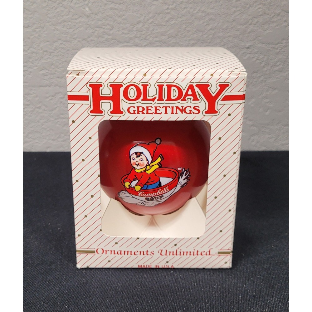 Vintage 1996 Campbell's Soup "Holiday Greetings" Red Glass Christmas Ornament
